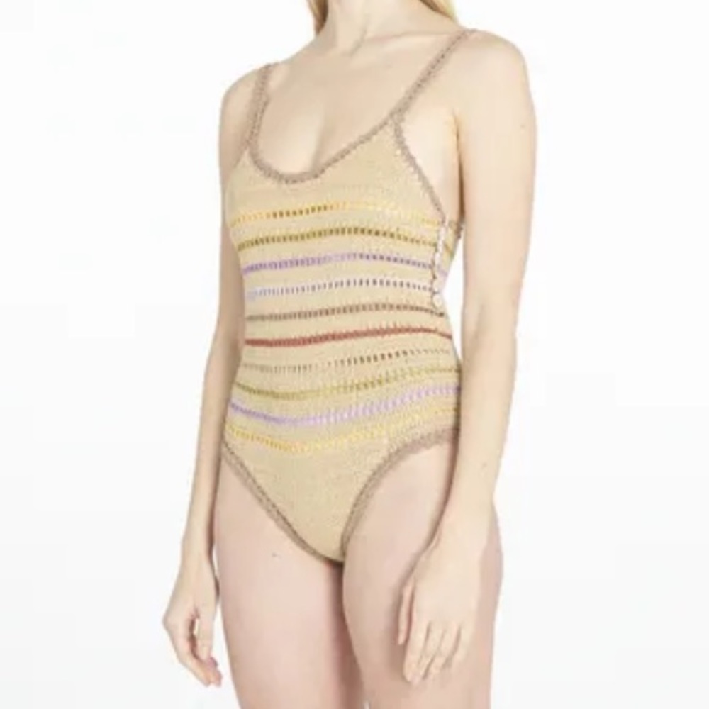 SHE MADE ME Rahi Crochet One Piece Swimsuit Taupe Brown Size Small NWOT